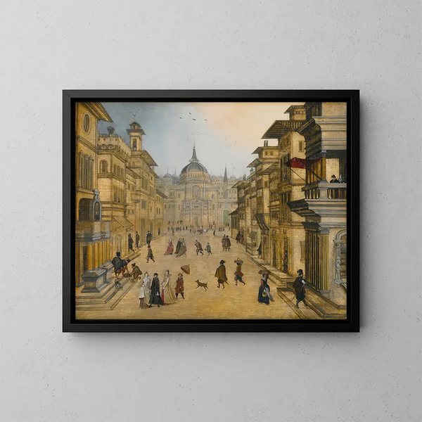 Elegante Figuren, die in einer Renaissance-Stadt spazieren gehen - Louis de Caullery — gerahmtes Bild an der Wand