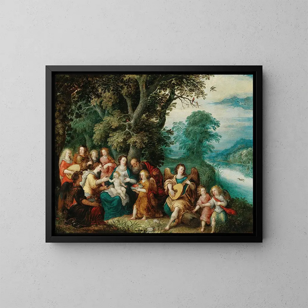 Die Heilige Familie mit Musikanten im Landschaftsbild - Louis de Caullery — gerahmtes Bild an der Wand