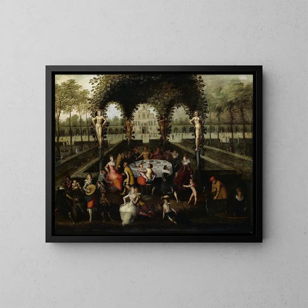 Venus, Bacchus und Ceres mit Sterblichen in einem Liebesgarten - Louis de Caullery — gerahmtes Bild an der Wand