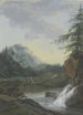 Landschaft mit einem Wasserfall und einer Brücke, auf der zwei Frauen und ein Kind gehen - Louise von Panhuys — Ansicht des Kunstwerks