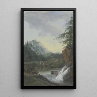 Louise von Panhuys - Landschaft mit einem Wasserfall und einem Steg auf dem zwei Frauen und ein Kind gehen.webp