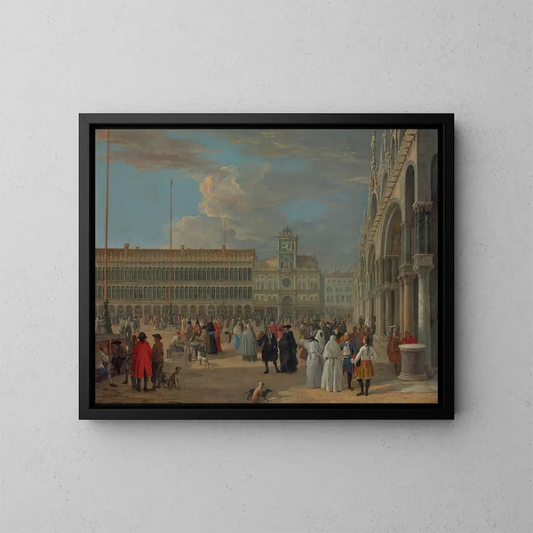Ansicht des Markusplatzes mit dem Uhrturm, Venedig - Luca Carlevarijs — gerahmtes Bild an der Wand