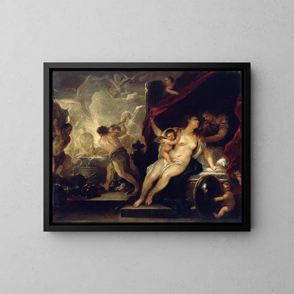 Venus, Mars und die Schmiede des Vulkan - Luca Giordano — gerahmtes Bild an der Wand