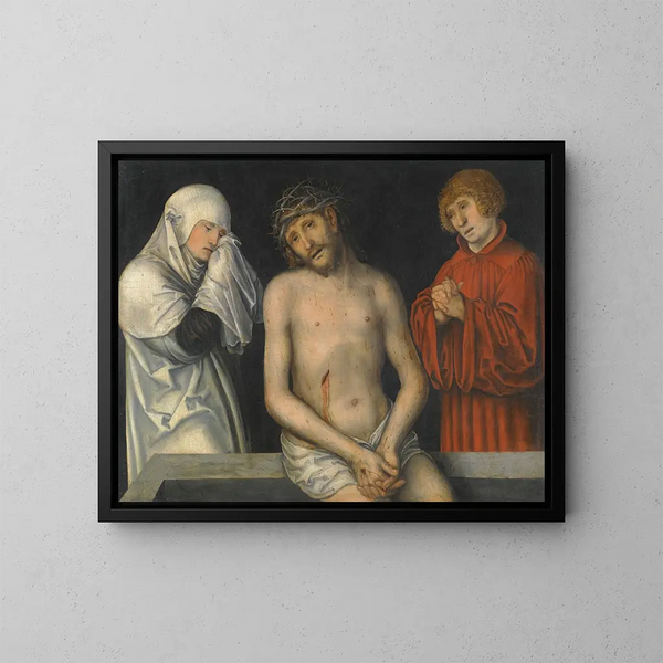 Christusbild als leidender Mann mit Maria und Johannes dem Evangelisten - Lucas Cranach der Jüngere — gerahmtes Bild an der Wand