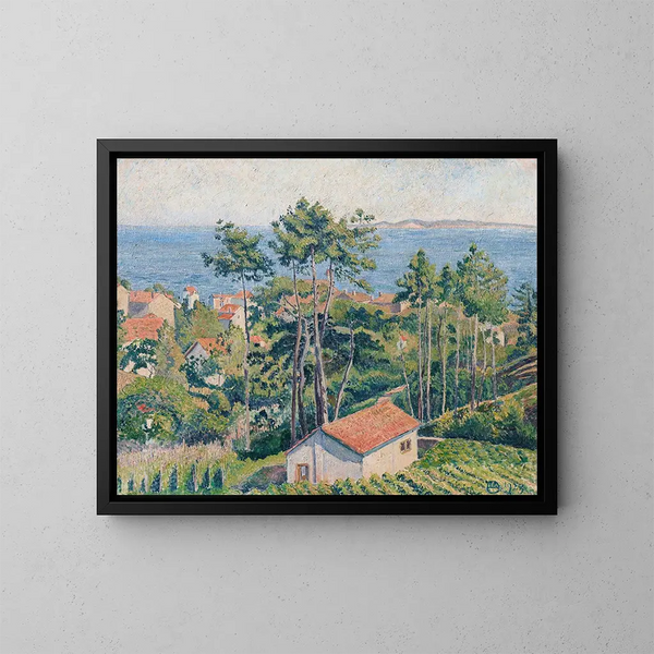 Ansicht des Lavandou mit blauem Meer - Lucien Pissarro — gerahmtes Bild an der Wand