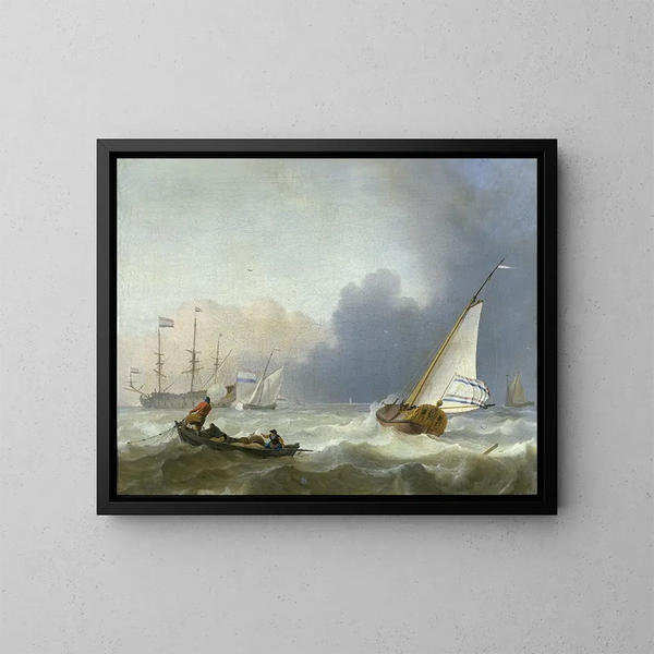 Meeresbrandung mit einer niederländischen Yacht - Ludolf Bakhuizen — gerahmtes Bild an der Wand