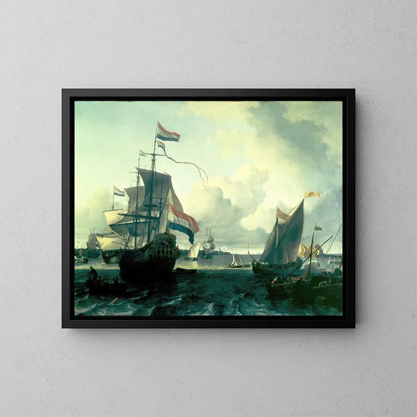 Das niederländische Schiff De Gouden Leeuw am Fluss Y bei Amsterdam - Ludolf Bakhuizen — gerahmtes Bild an der Wand