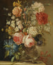 Eine Stillleben mit Rosen, Narzisse und anderen Blumen in einer Glaskaraffe auf einem Steinsockel - Ludovico Stern — Ansicht des Kunstwerks
