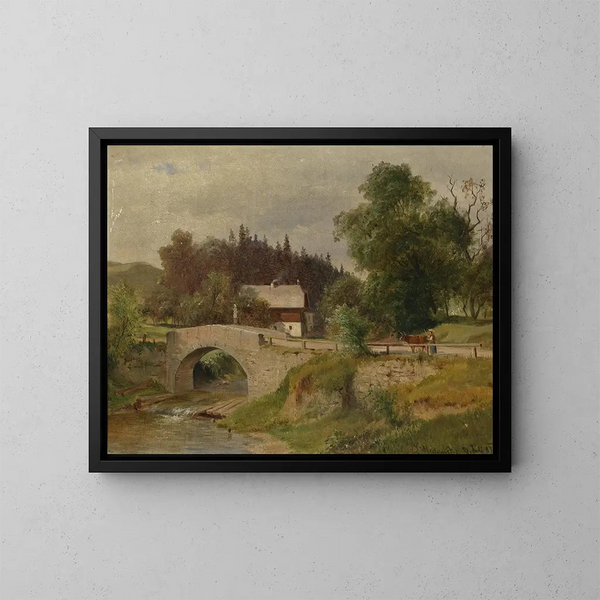 Haus eines Bauern am Flussufer aus Stein - Ludwig Halauska — gerahmtes Bild an der Wand