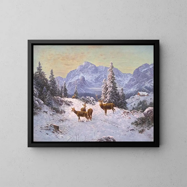 Hirsch mit einer Herde im Winter - Ludwig Sckell — gerahmtes Bild an der Wand