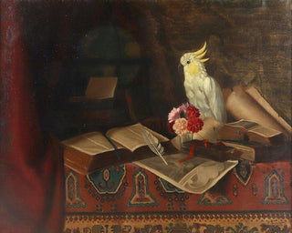 Ludwig Valenta - Stillleben mit Bchern und Kakadu.webp
