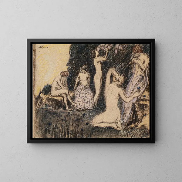 Landschaft mit fünf nackten Frauen - Ludwig von Hofmann — gerahmtes Bild an der Wand