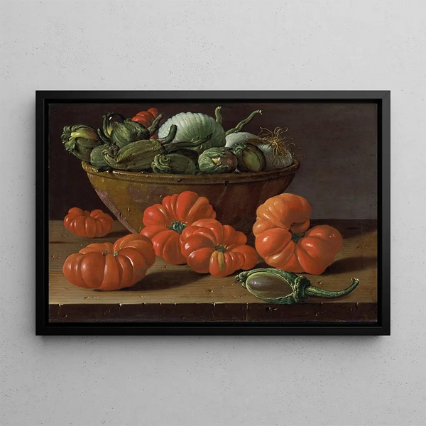 Naturstillleben mit Tomaten, einer Schüssel Auberginen und Zwiebeln - Luis Meléndez — gerahmtes Bild an der Wand