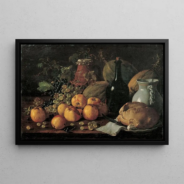 Stillleben mit Äpfeln, Trauben, Melonen, Brot, Krug und Flasche - Luis Meléndez — gerahmtes Bild an der Wand