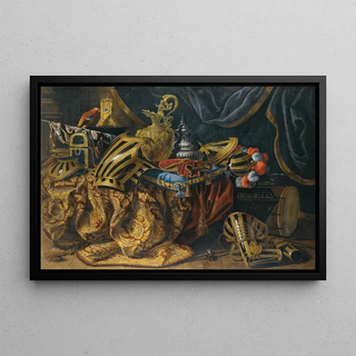 Madeleine de Boulogne - Pieces Of Parade Armour A Plumed Helmet A Pistol In A Case A Gilt Ewer A Silver Perfume Burner A Jewellery Box A Trumpet And A Flag On A Cassone.webp