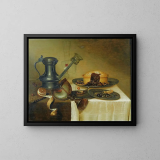Maerten Boelema De Stomme - Still Life With A Pitcher A Lemon A Pie And A Nautilus Cup On A Wooden Ledge.webp