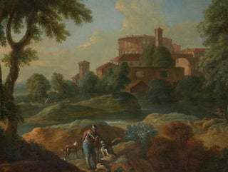 Marcantonio Sardi - Landscape With Soldiers And Dogs Near A River A Town In The Distance.webp