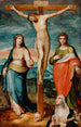 Der Christus am Kreuz mit den Heiligen Maria, Johannes dem Evangelisten und Katharina von Siena - Marco Pino — gerahmtes Bild an der Wand