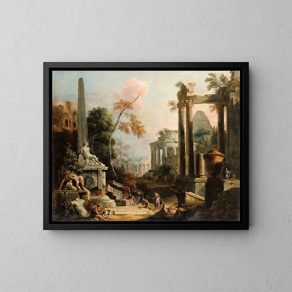 Landschaft mit klassischen Ruinen und Figuren - Marco Ricci — gerahmtes Bild an der Wand
