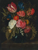 Blumenstillleben mit Rosen, Nelken, einer Tulpe und anderen Blumen in einer Glaskaraffe - Maria van Oosterwijck — Ansicht des Kunstwerks