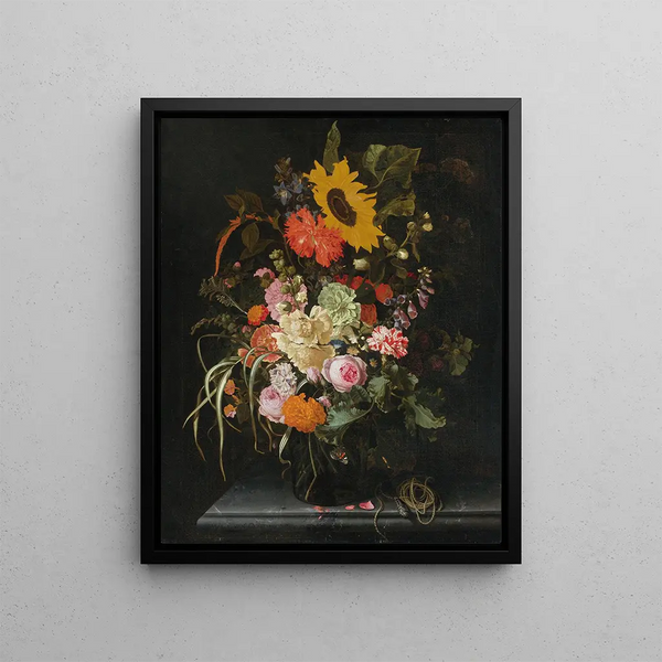 Maria van Oosterwijck - Still Life Of Roses Carnations Marigolds And Other Flowers With A Sunflower And Striped Grass.webp