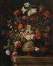 Lys, Nelken, Rosen und andere Blumen in einer goldenen Vase mit Relief auf einem Steinsockel - Mario Nuzzi — Ansicht des Kunstwerks