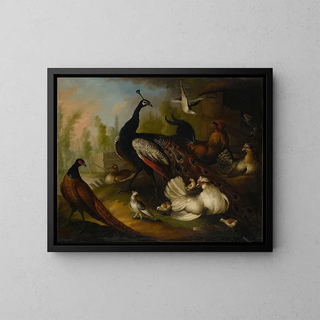 Marmaduke Cradock - An assembly of birds in a parkland setting including a Peacock hens and a duck.webp