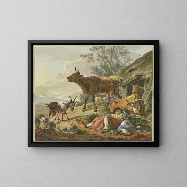 Rechts eine Scheune, aus der zwei Kühe herauskommen, vor zwei schlafenden Hirten mit ihrem Hund und einer Ziege. - Marquard Wocher — gerahmtes Bild an der Wand