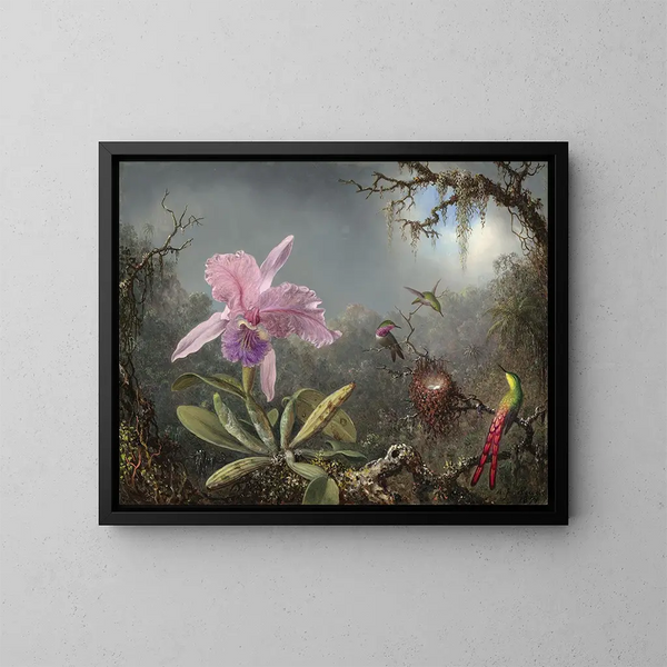 Orchidee Cattleya und drei Kolibris - Martin Johnson Heade — gerahmtes Bild an der Wand