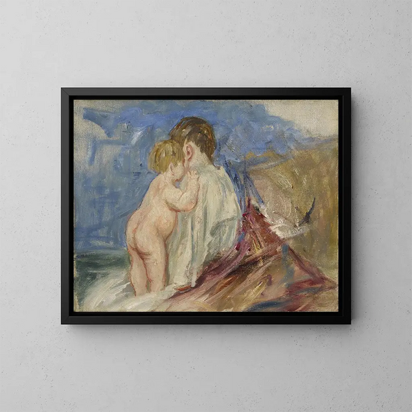 Mutter sitzend mit einem stehenden Baby an ihrer Seite in einer Landschaft - Mary Cassatt — gerahmtes Bild an der Wand