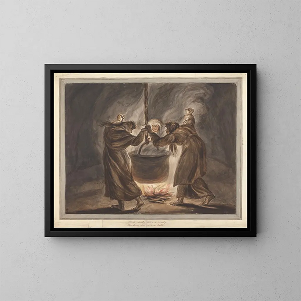 Die drei Hexen von Macbeth Doppel, Doppel, Arbeit und Unruhe - Mary Hoare — gerahmtes Bild an der Wand