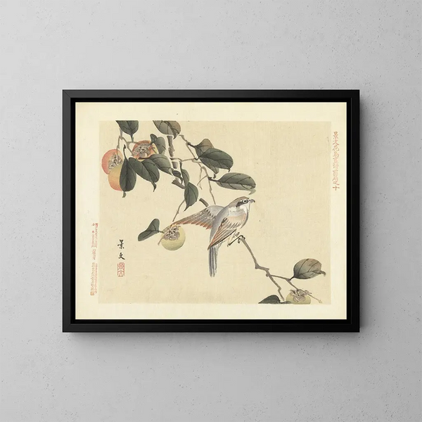 Kaki und Büffelkopf-Pie-Grièche - Matsumura Keibun — gerahmtes Bild an der Wand