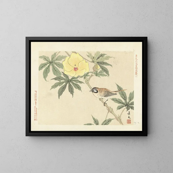 Hibiskus bei Sonnenuntergang und Wiesenpieper - Matsumura Keibun — gerahmtes Bild an der Wand