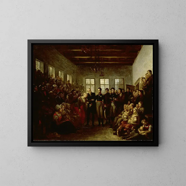 Der Prinz von Oranien besucht die Opfer der Überschwemmungen im Waisenhaus der Kaplanen in Amsterdam am 14. Februar 1825 - Mattheus Ignatius van Bree — gerahmtes Bild an der Wand