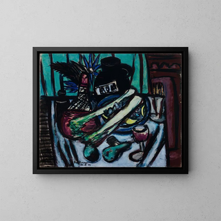 Stillleben mit Chianti-Flasche und Sellerie - Max Beckmann — gerahmtes Bild an der Wand