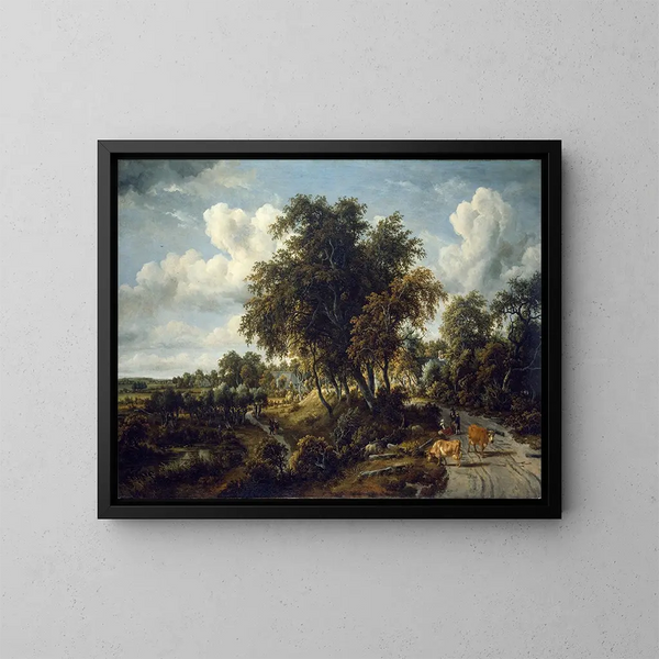 Ein bewaldetes Landschaft mit einem Weg auf dem Damm - Meindert Hobbema — gerahmtes Bild an der Wand