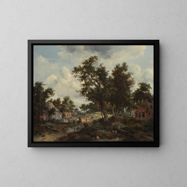 Ein bewaldetes Landschaft mit Reisenden auf einem Weg durch ein Dorf - Meindert Hobbema — gerahmtes Bild an der Wand