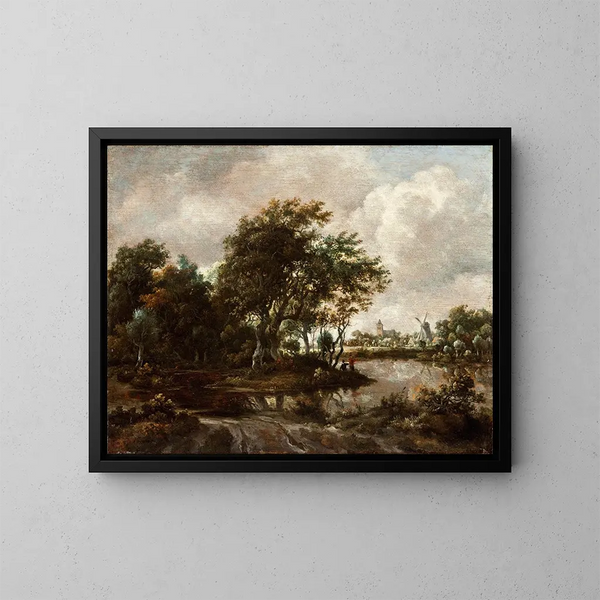 Landschaft mit Fischern und einer entfernten Stadt - Meindert Hobbema — gerahmtes Bild an der Wand