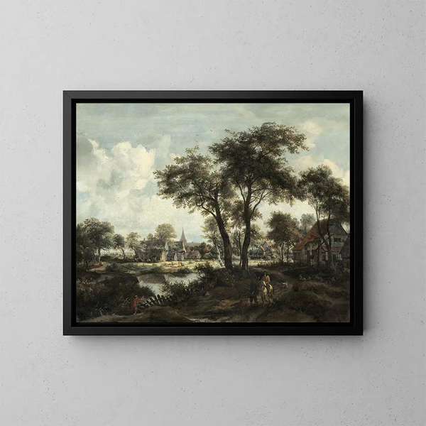 Dorf in der Nähe eines Teiches - Meindert Hobbema — gerahmtes Bild an der Wand