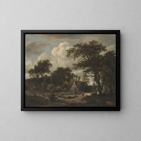 Landschaft mit Wald, Cottage und Reiter - Meindert Hobbema — gerahmtes Bild an der Wand