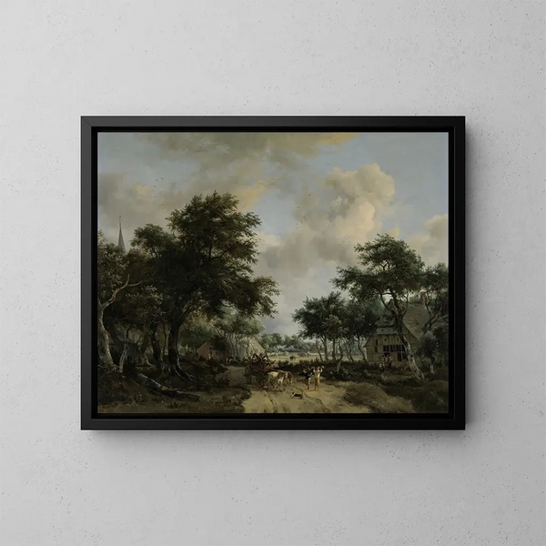 Landschaft mit Bäumen und fröhlichen Begleitern in einem Wagen - Meindert Hobbema — gerahmtes Bild an der Wand