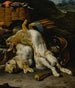 Ein Paar Kaninchen und kleine Vögel mit Jagdausrüstung in einer Landschaft - Melchior d'Hondecoeter — Ansicht des Kunstwerks