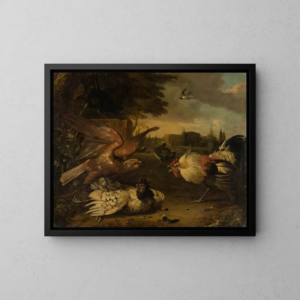 Ein Hahn verteidigt eine Henne gegen einen angreifenden Raubvogel - Melchior d'Hondecoeter — gerahmtes Bild an der Wand