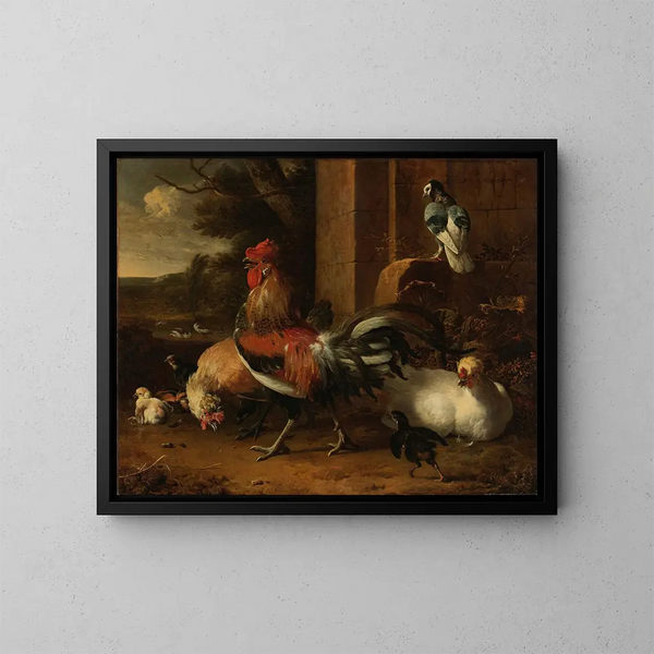 Eine Hühnerhof - Melchior d'Hondecoeter — gerahmtes Bild an der Wand