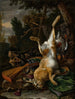 Eine Stillleben-Jagd mit einem hängenden Hasen, einem Wildschweinkopf und einem Musketen in einer Landschaft - Melchior d'Hondecoeter — Ansicht des Kunstwerks