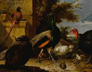 Melchior dHondecoeter - A peacock peahen pheasant turkey cockerel and chick by a wall a landscape beyond.webp