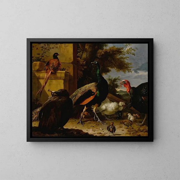Ein Pfau, eine Wachtel, ein Fasan, eine Truthenne, ein Hahn und ein Küken in der Nähe einer Wand, mit einer Landschaft im Hintergrund - Melchior d'Hondecoeter — gerahmtes Bild an der Wand