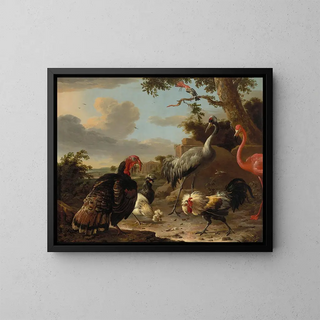 Melchior dHondecoeter - A sarus crane a flamingo a wild bronze turkey cock two Paduan fowl a silver birchen game cockerel and a hoopoe in a landscape.webp