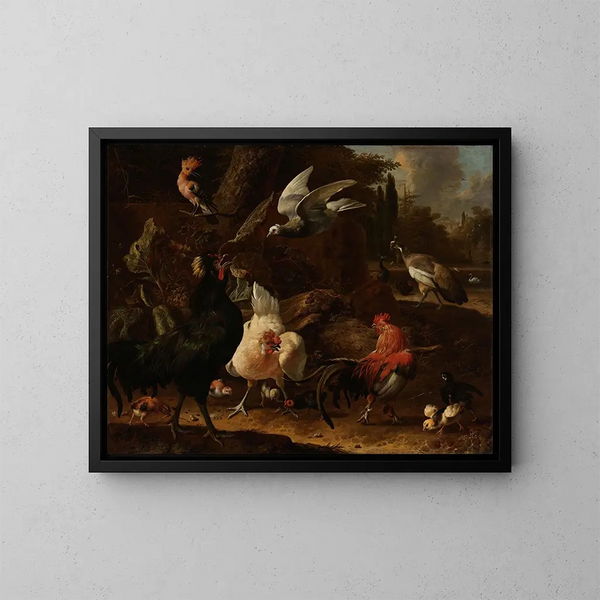 Vögel in einem Park - Melchior d'Hondecoeter — gerahmtes Bild an der Wand