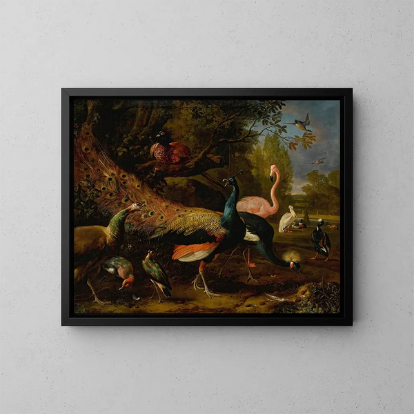 Exotische Vogel-Kunstdruck mit einem Pfau und einer Pfauen, einem Flamingo, einer afrikanischen Kranich, einem Fasan, einem Bekassine, einer Schnatterente, einem Pelikan und einer Tafelente. - Melchior d'Hondecoeter — gerahmtes Bild an der Wand